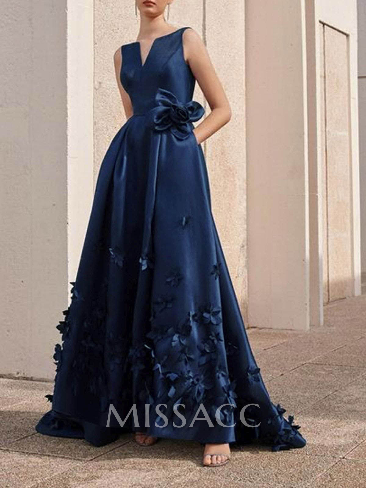 A-Line V-Neck Sleeveless Sweep Train Satin Evening Dresses With Flower(s)