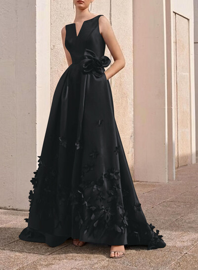 A-Line V-Neck Sleeveless Sweep Train Satin Evening Dresses With Flower(s)