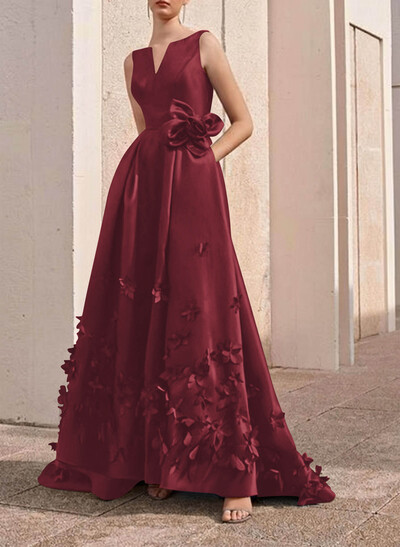A-Line V-Neck Sleeveless Sweep Train Satin Evening Dresses With Flower(s)