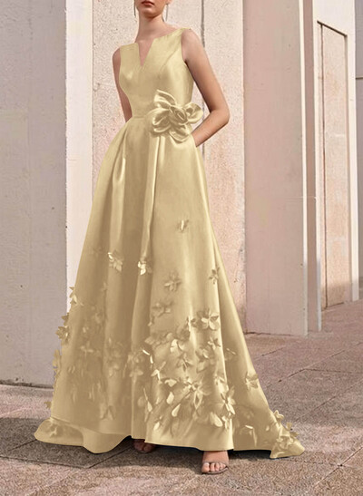 A-Line V-Neck Sleeveless Sweep Train Satin Evening Dresses With Flower(s)