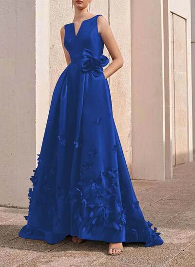 A-Line V-Neck Sleeveless Sweep Train Satin Evening Dresses With Flower(s)