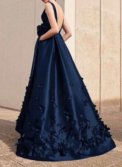 A-Line V-Neck Sleeveless Sweep Train Satin Evening Dresses With Flower(s)