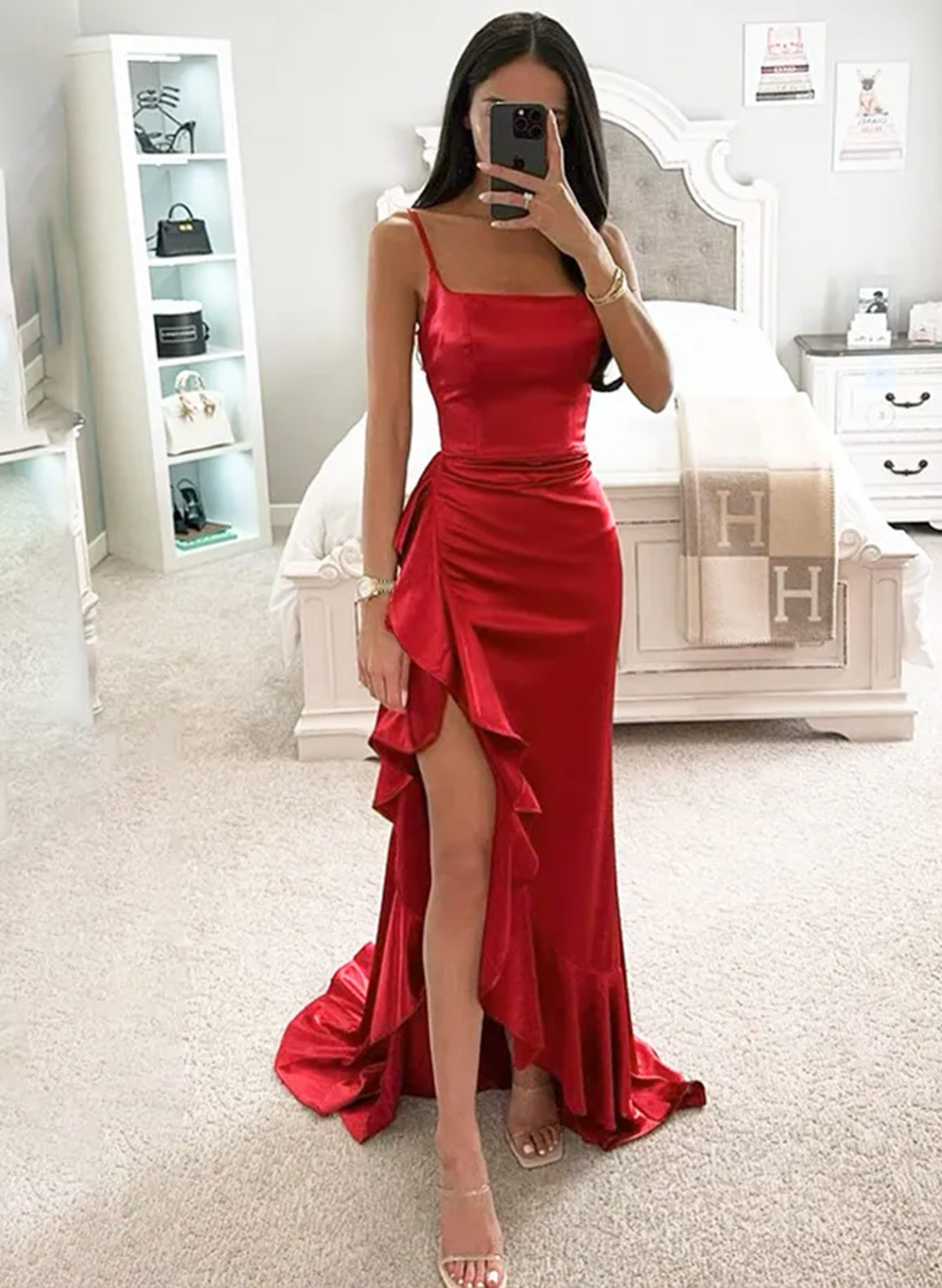 Trumpet/Mermaid Square Neckline Sweep Train Charmeuse Evening Dresses With Cascading Ruffles/High Split