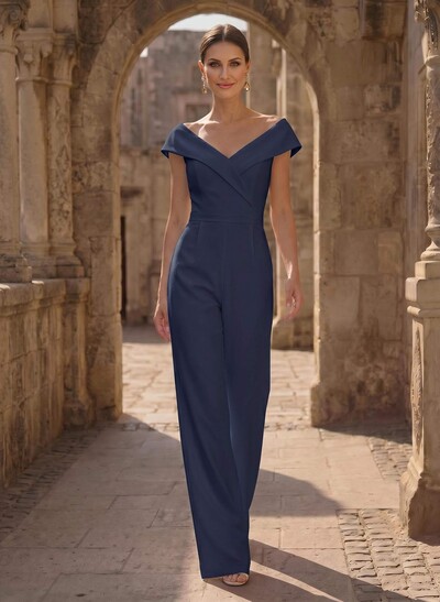 Jumpsuit/Pantsuit V-Neck Sleeveless Floor-Length Elastic Satin Evening Dresses