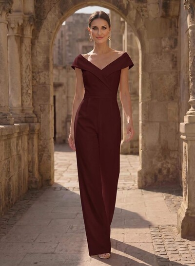 Jumpsuit/Pantsuit V-Neck Sleeveless Floor-Length Elastic Satin Evening Dresses