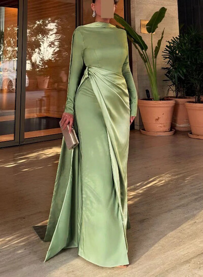 Sheath/Column Cowl Neck Long Sleeves Detachable Satin/Elastic Satin Evening Dresses With Sweeping Side Drape