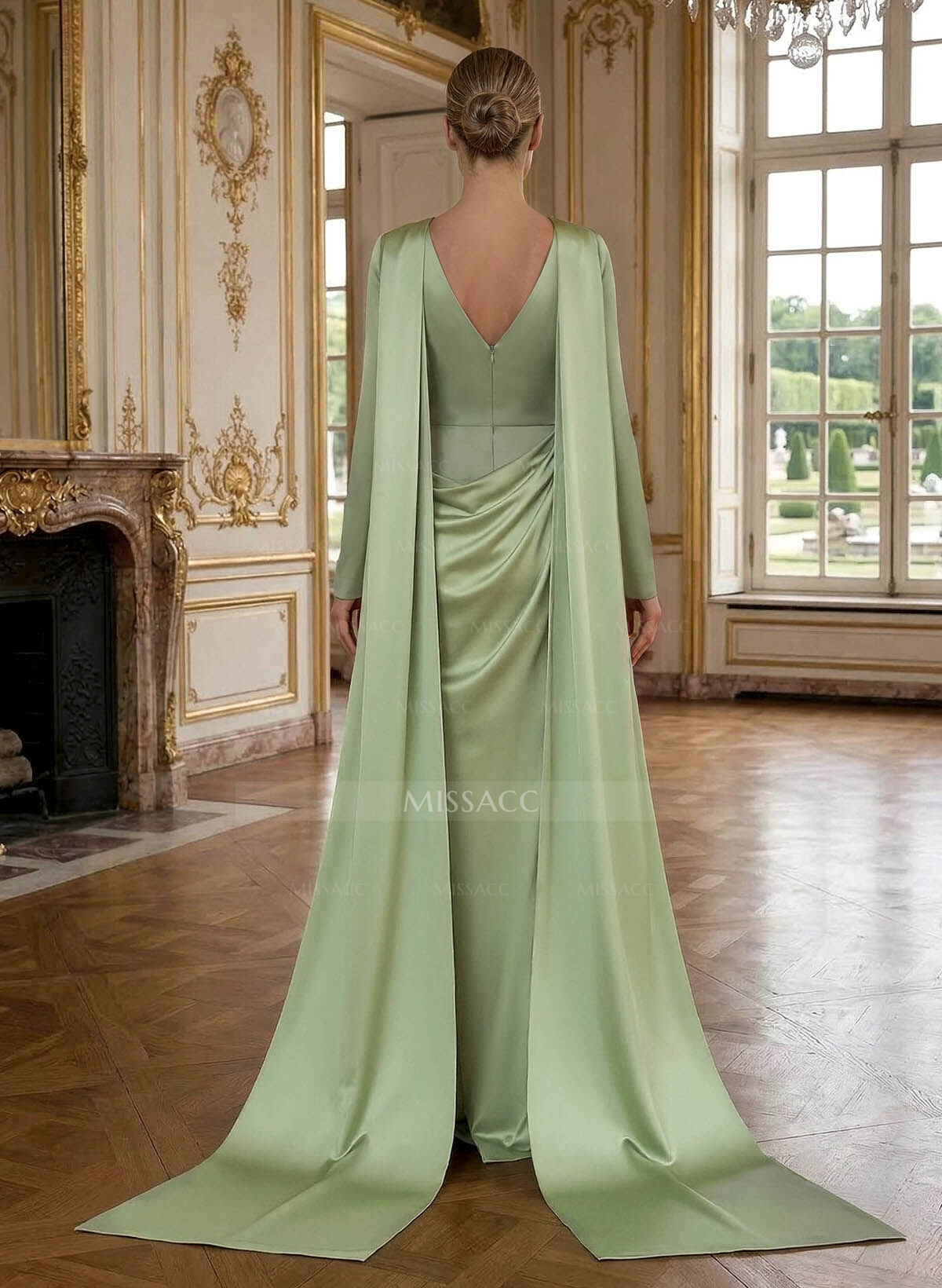 Sheath/Column Cowl Neck Long Sleeves Detachable Satin/Elastic Satin Evening Dresses With Sweeping Side Drape