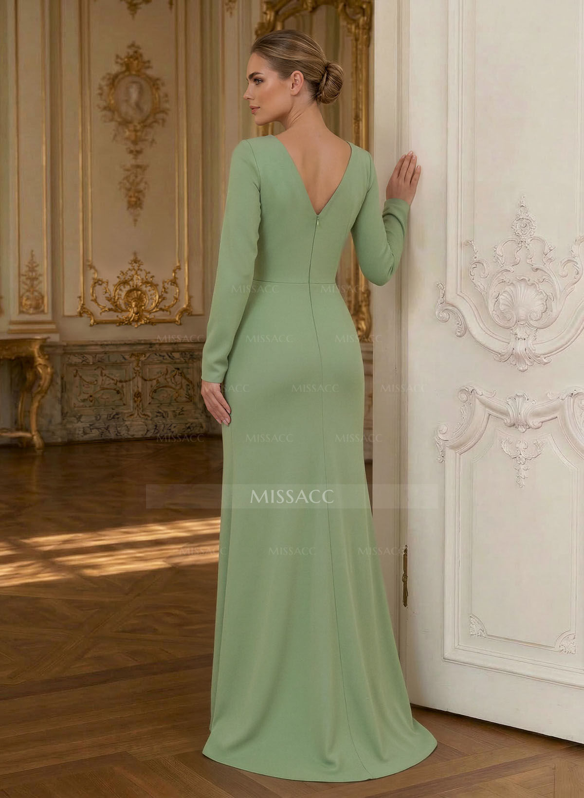 Sheath/Column Cowl Neck Long Sleeves Detachable Satin/Elastic Satin Evening Dresses With Sweeping Side Drape