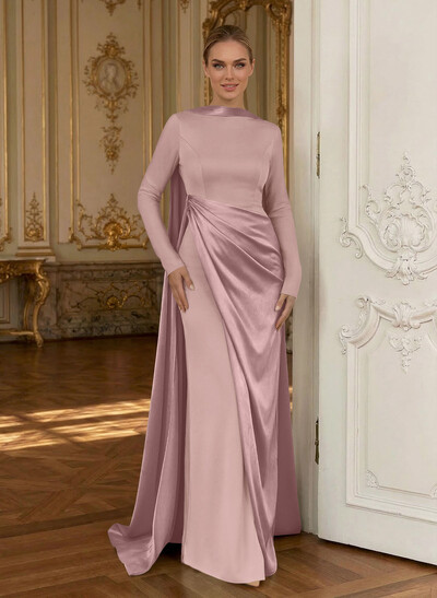 Sheath/Column Cowl Neck Long Sleeves Detachable Satin/Elastic Satin Evening Dresses With Sweeping Side Drape