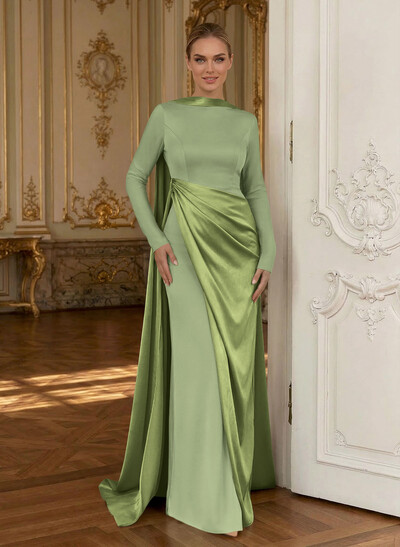 Sheath/Column Cowl Neck Long Sleeves Detachable Satin/Elastic Satin Evening Dresses With Sweeping Side Drape