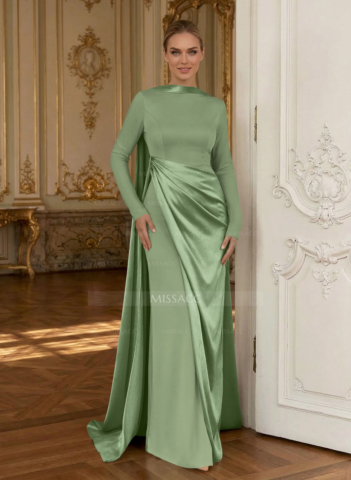 Sheath/Column Cowl Neck Long Sleeves Detachable Satin/Elastic Satin Evening Dresses With Sweeping Side Drape