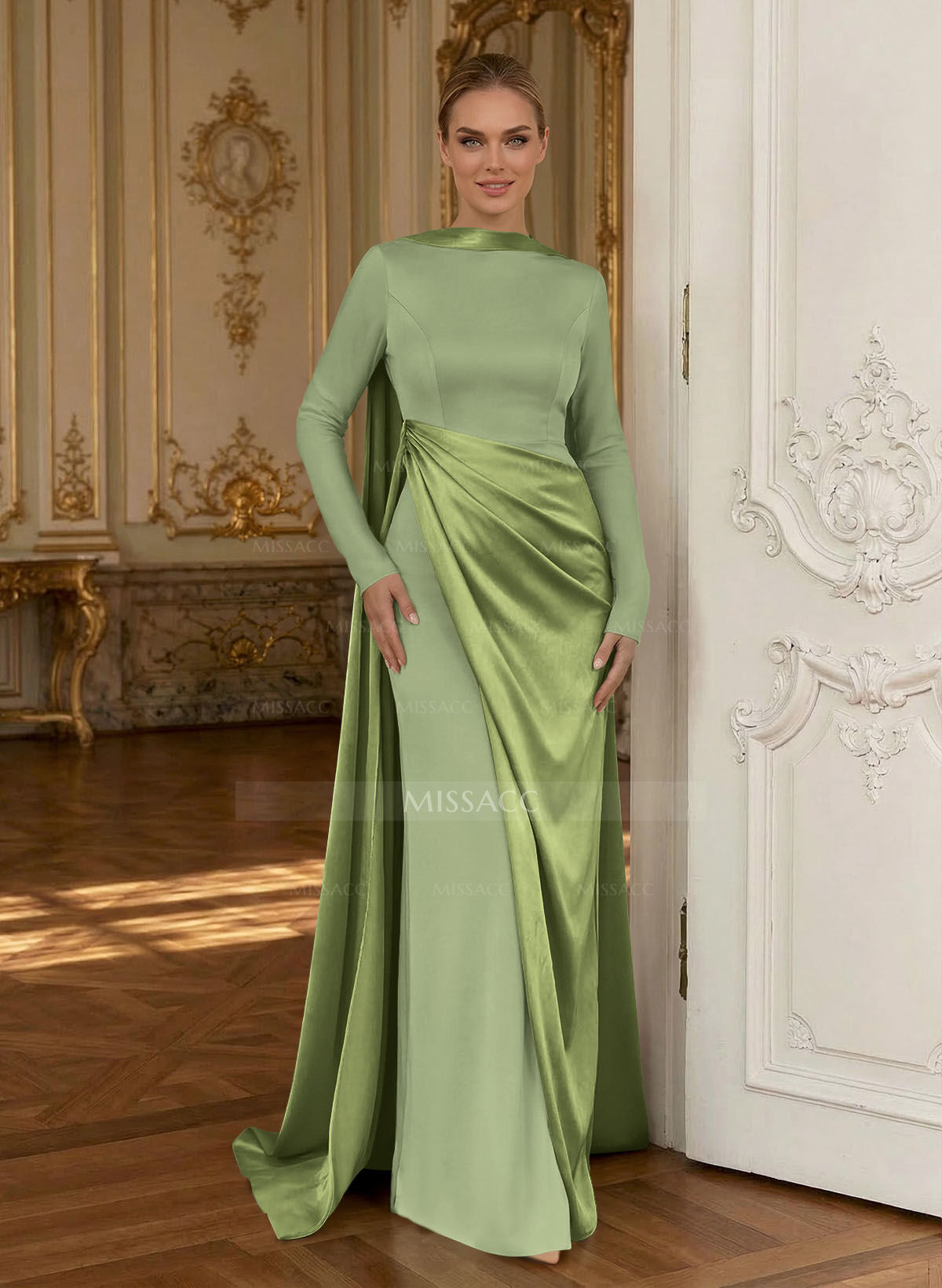 Sheath/Column Cowl Neck Long Sleeves Detachable Satin/Elastic Satin Evening Dresses With Sweeping Side Drape