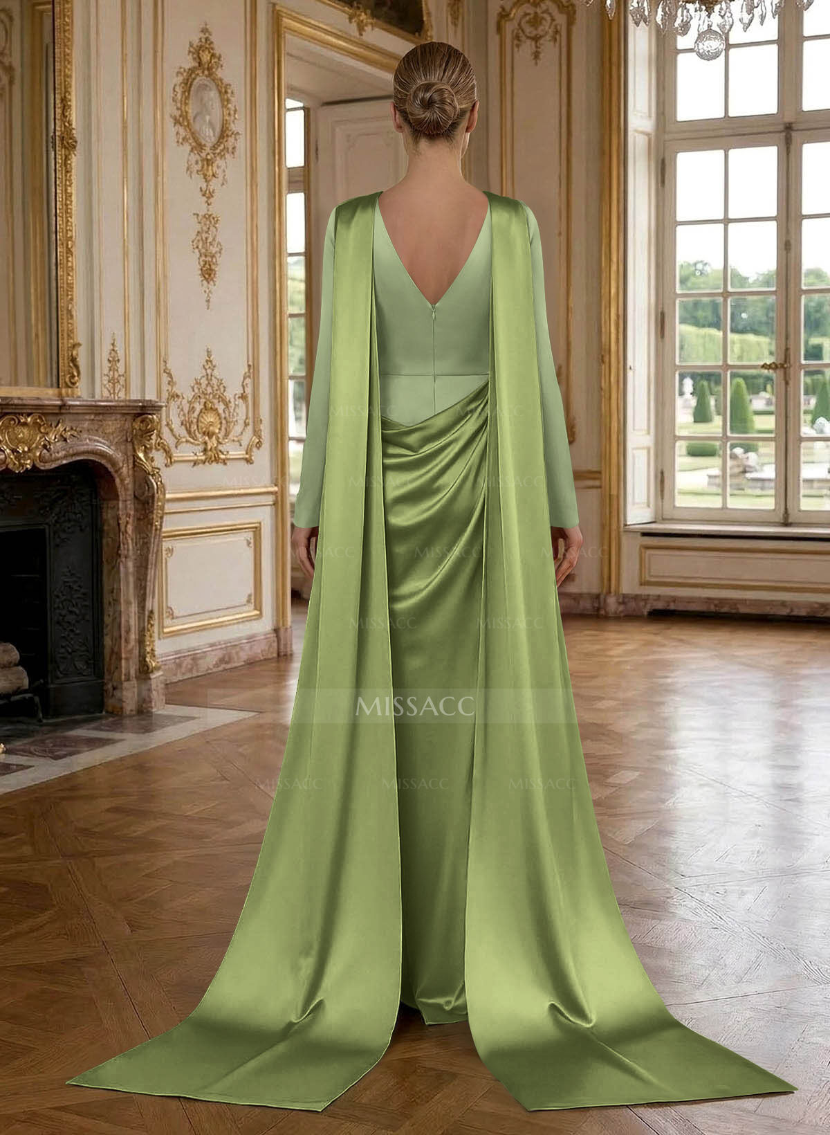 Sheath/Column Cowl Neck Long Sleeves Detachable Satin/Elastic Satin Evening Dresses With Sweeping Side Drape
