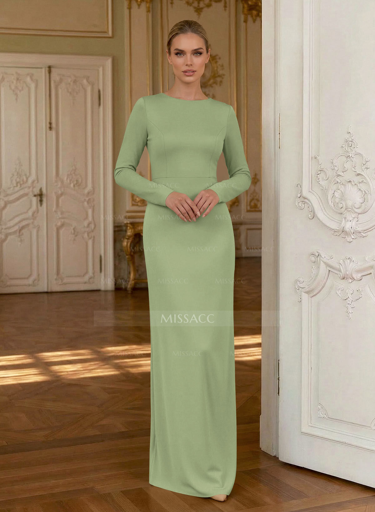 Sheath/Column Cowl Neck Long Sleeves Detachable Satin/Elastic Satin Evening Dresses With Sweeping Side Drape