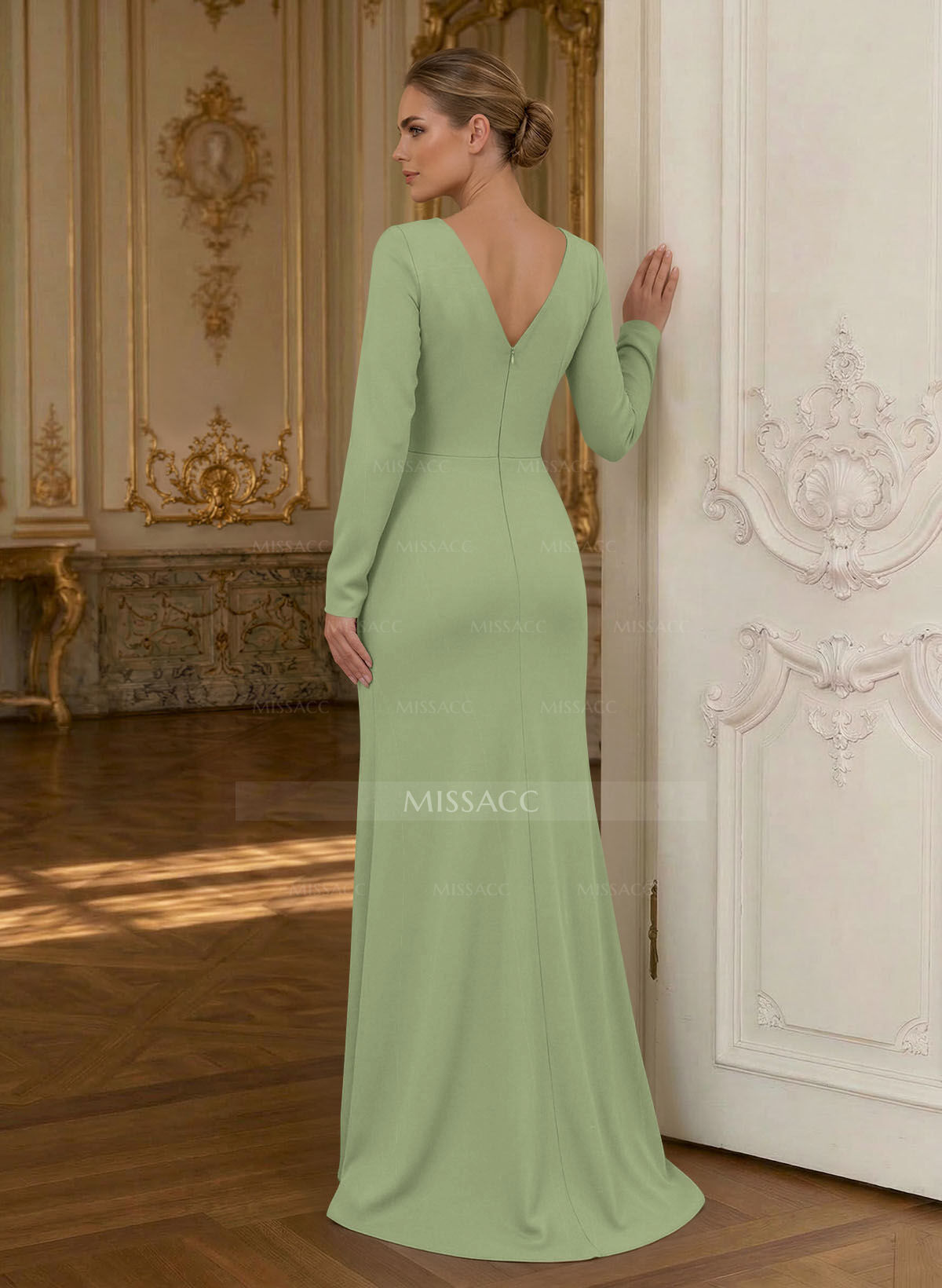 Sheath/Column Cowl Neck Long Sleeves Detachable Satin/Elastic Satin Evening Dresses With Sweeping Side Drape