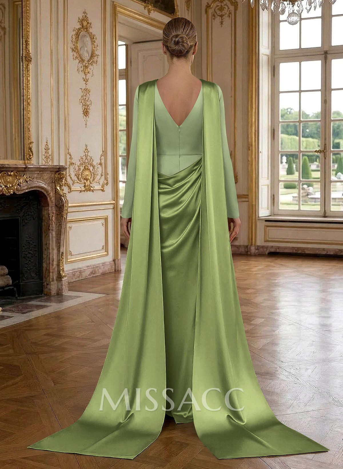 Sheath/Column Cowl Neck Long Sleeves Detachable Satin/Elastic Satin Evening Dresses With Sweeping Side Drape