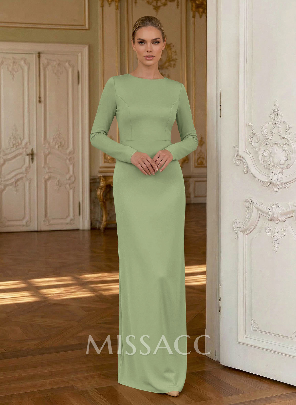 Sheath/Column Cowl Neck Long Sleeves Detachable Satin/Elastic Satin Evening Dresses With Sweeping Side Drape