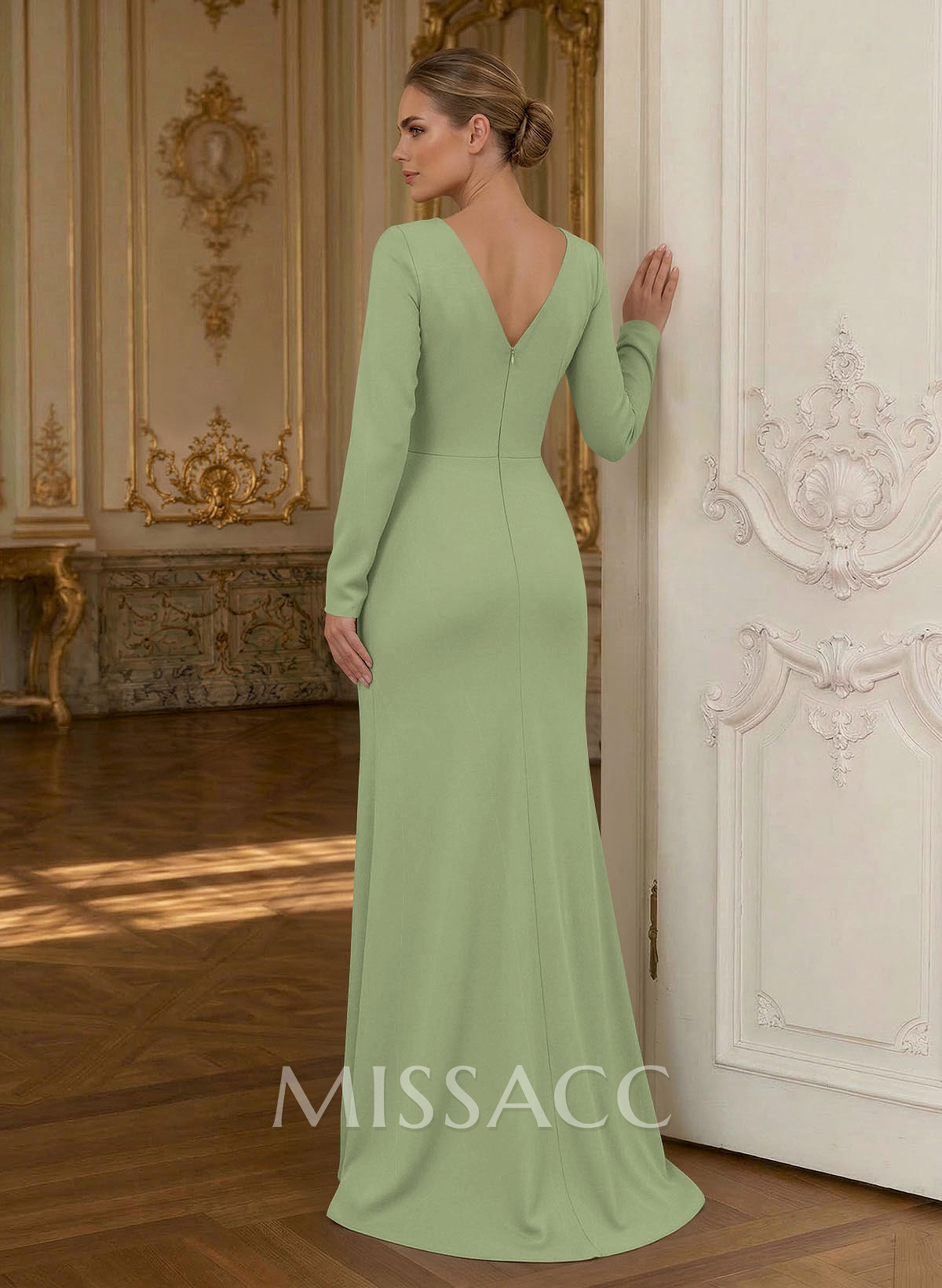 Sheath/Column Cowl Neck Long Sleeves Detachable Satin/Elastic Satin Evening Dresses With Sweeping Side Drape