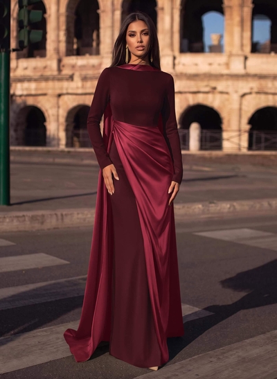 Sheath/Column Cowl Neck Long Sleeves Detachable Satin/Elastic Satin Evening Dresses With Sweeping Side Drape