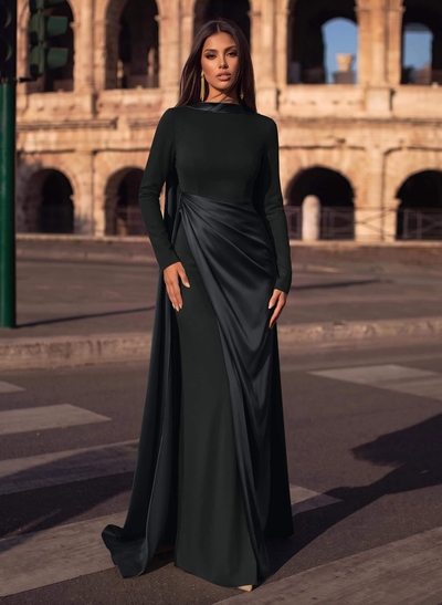 Sheath/Column Cowl Neck Long Sleeves Detachable Satin/Elastic Satin Evening Dresses With Sweeping Side Drape