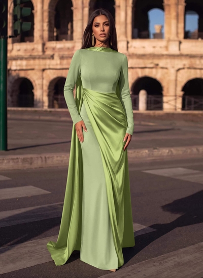 Sheath/Column Cowl Neck Long Sleeves Detachable Satin/Elastic Satin Evening Dresses With Sweeping Side Drape