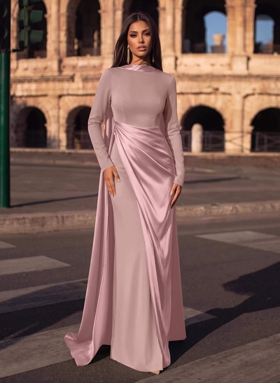 Sheath/Column Cowl Neck Long Sleeves Detachable Satin/Elastic Satin Evening Dresses With Sweeping Side Drape
