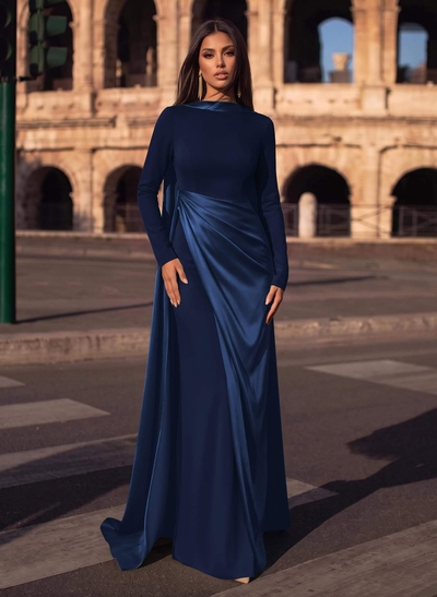 Sheath/Column Cowl Neck Long Sleeves Detachable Satin/Elastic Satin Evening Dresses With Sweeping Side Drape