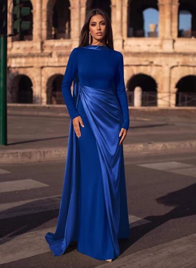 Sheath/Column Cowl Neck Long Sleeves Detachable Satin/Elastic Satin Evening Dresses With Sweeping Side Drape