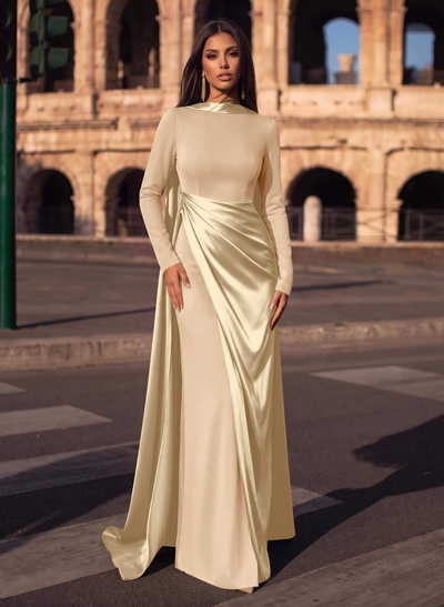 Sheath/Column Cowl Neck Long Sleeves Detachable Satin/Elastic Satin Evening Dresses With Sweeping Side Drape