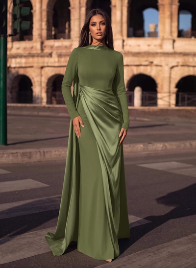 Sheath/Column Cowl Neck Long Sleeves Detachable Satin/Elastic Satin Evening Dresses With Sweeping Side Drape