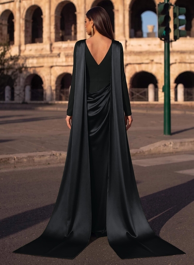 Sheath/Column Cowl Neck Long Sleeves Detachable Satin/Elastic Satin Evening Dresses With Sweeping Side Drape