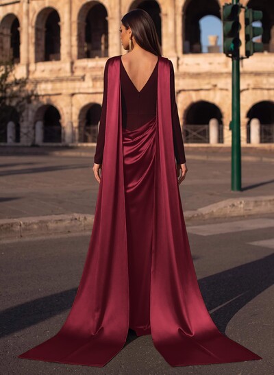 Sheath/Column Cowl Neck Long Sleeves Detachable Satin/Elastic Satin Evening Dresses With Sweeping Side Drape