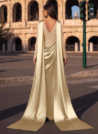 Sheath/Column Cowl Neck Long Sleeves Detachable Satin/Elastic Satin Evening Dresses With Sweeping Side Drape