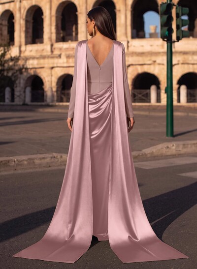 Sheath/Column Cowl Neck Long Sleeves Detachable Satin/Elastic Satin Evening Dresses With Sweeping Side Drape