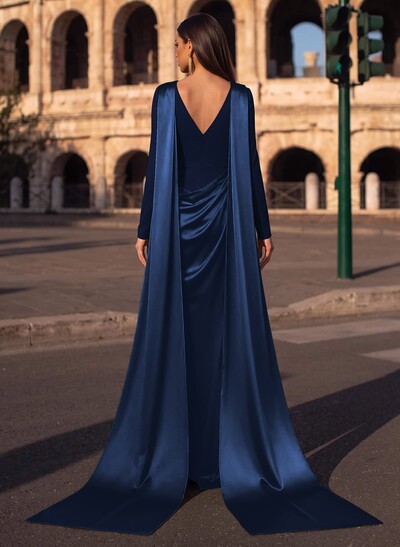 Sheath/Column Cowl Neck Long Sleeves Detachable Satin/Elastic Satin Evening Dresses With Sweeping Side Drape