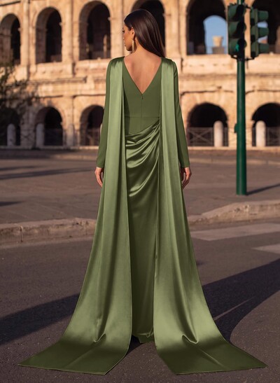 Sheath/Column Cowl Neck Long Sleeves Detachable Satin/Elastic Satin Evening Dresses With Sweeping Side Drape