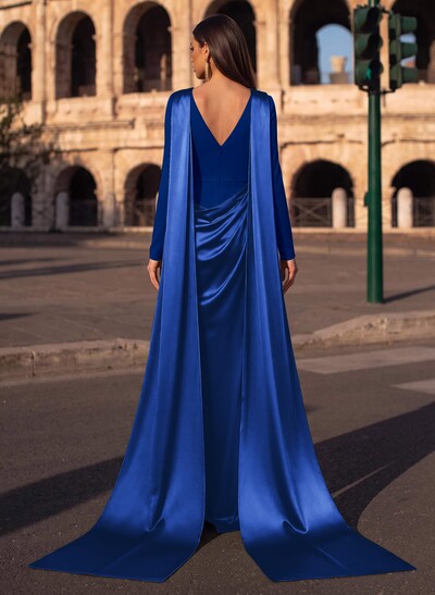 Sheath/Column Cowl Neck Long Sleeves Detachable Satin/Elastic Satin Evening Dresses With Sweeping Side Drape