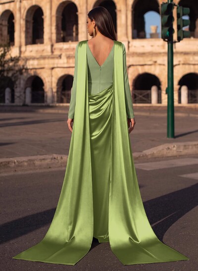 Sheath/Column Cowl Neck Long Sleeves Detachable Satin/Elastic Satin Evening Dresses With Sweeping Side Drape