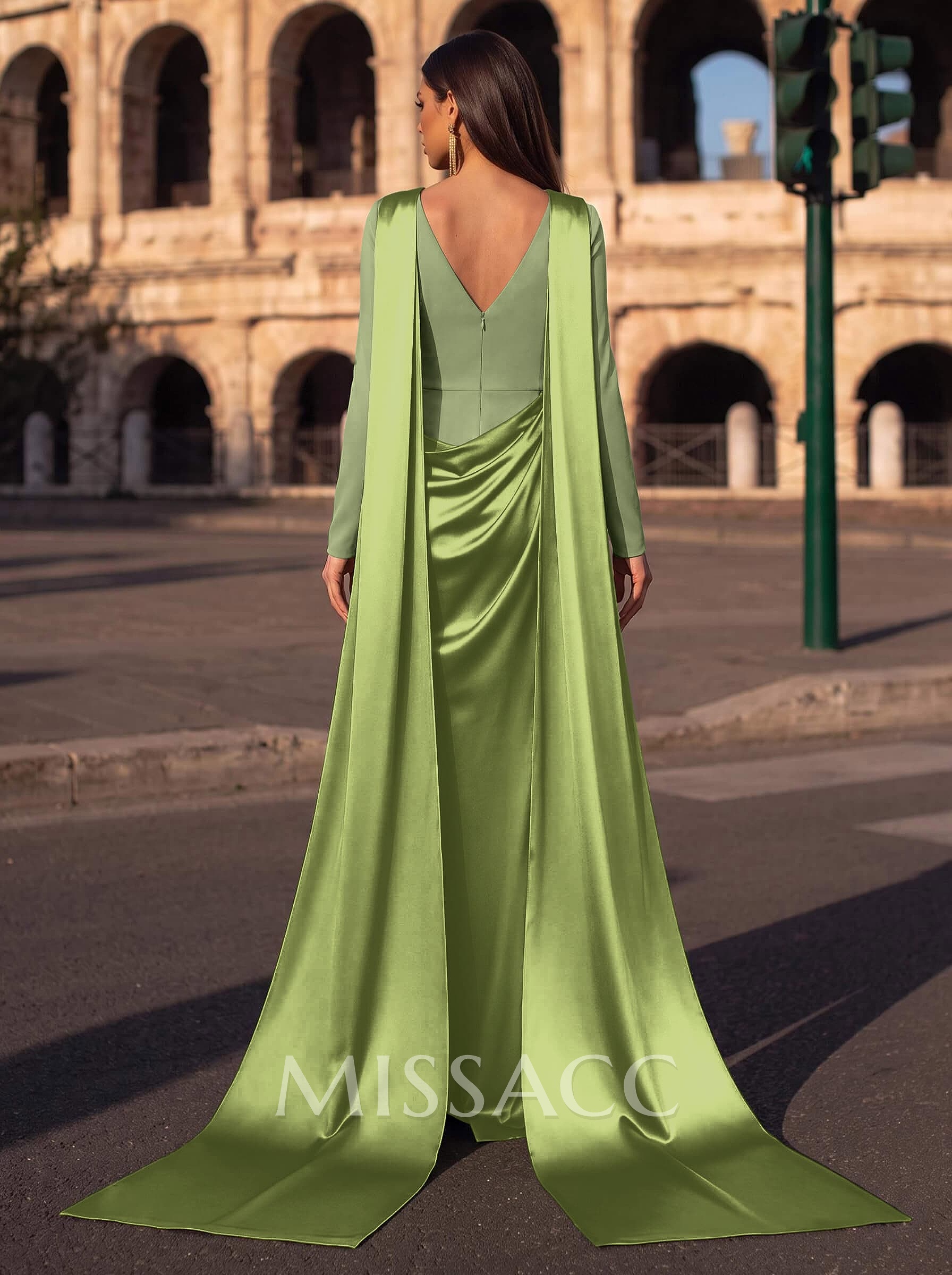 Sheath/Column Cowl Neck Long Sleeves Detachable Satin/Elastic Satin Evening Dresses With Sweeping Side Drape
