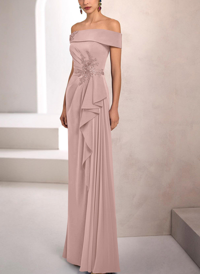 Sheath/Column Off-The-Shoulder Sleeveless Floor-Length Elastic Satin Evening Dresses With Beading/Lace/Flower(s)