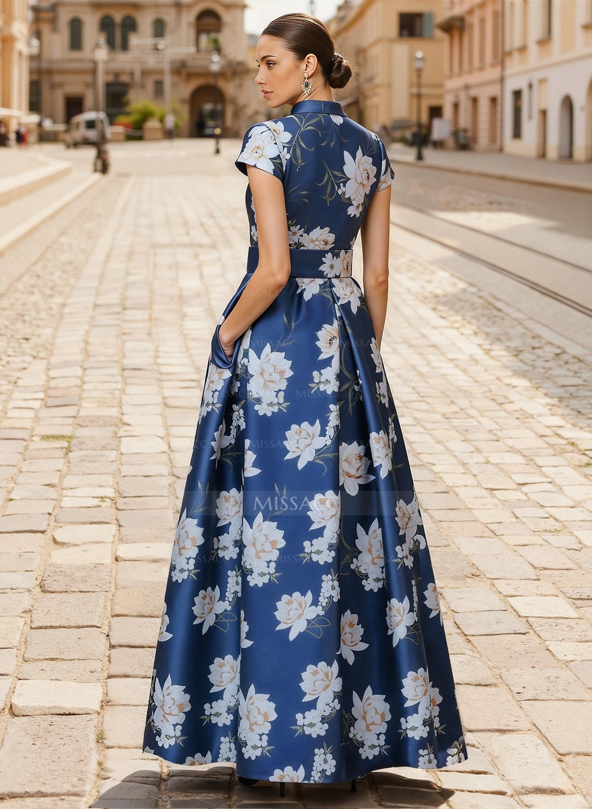 A-Line V-Neck Short Sleeves Ankle-Length Twill Satin Evening Dresses