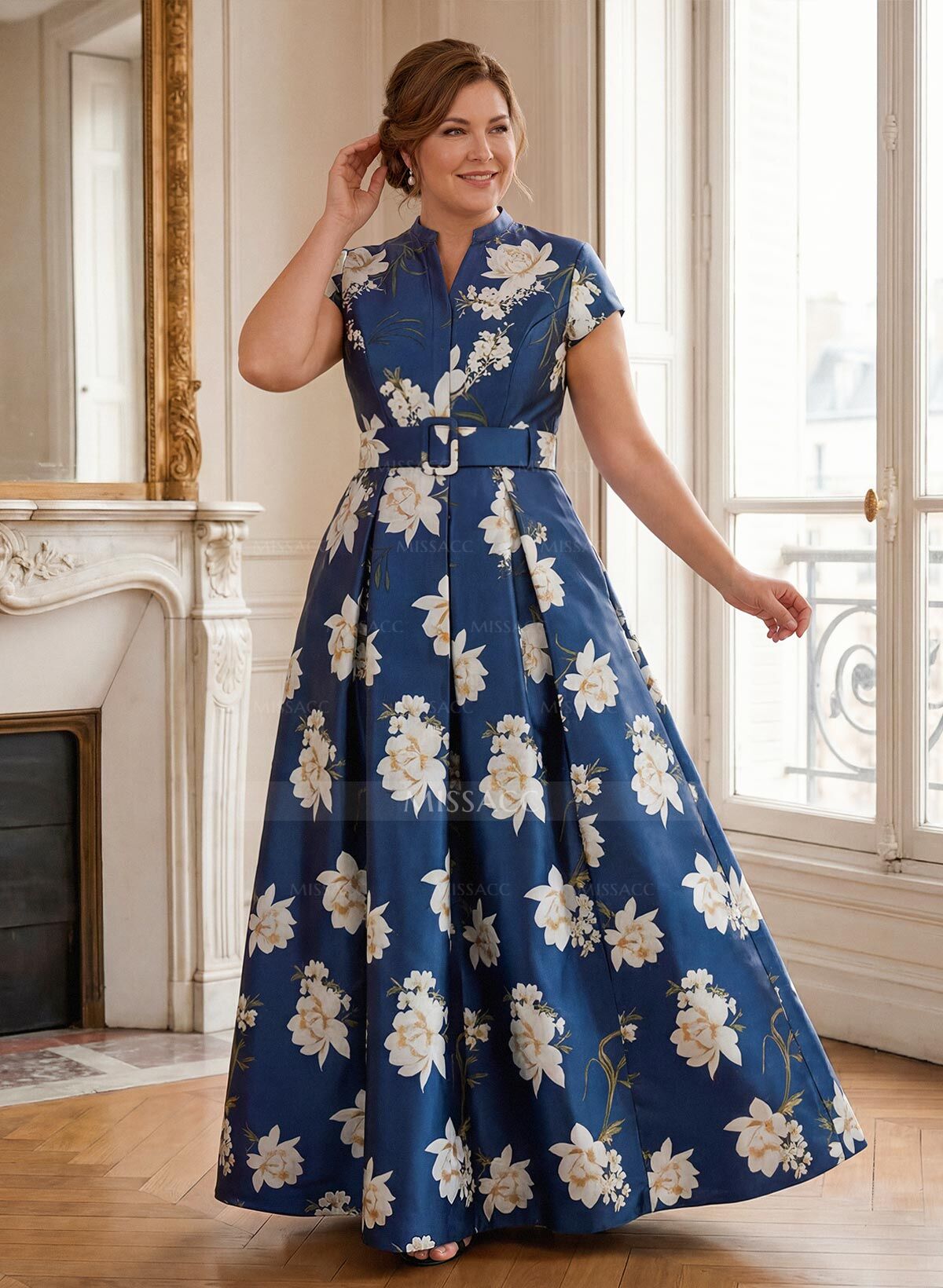 A-Line V-Neck Short Sleeves Ankle-Length Twill Satin Evening Dresses