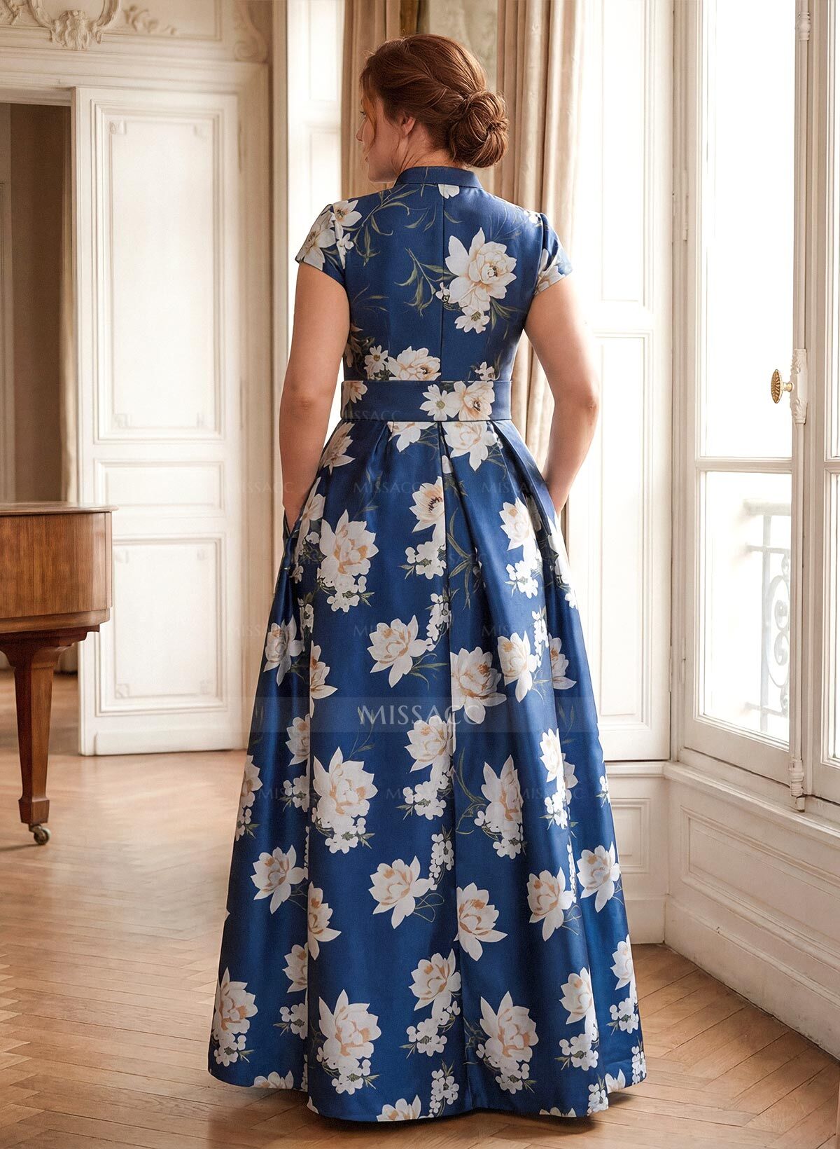 A-Line V-Neck Short Sleeves Ankle-Length Twill Satin Evening Dresses