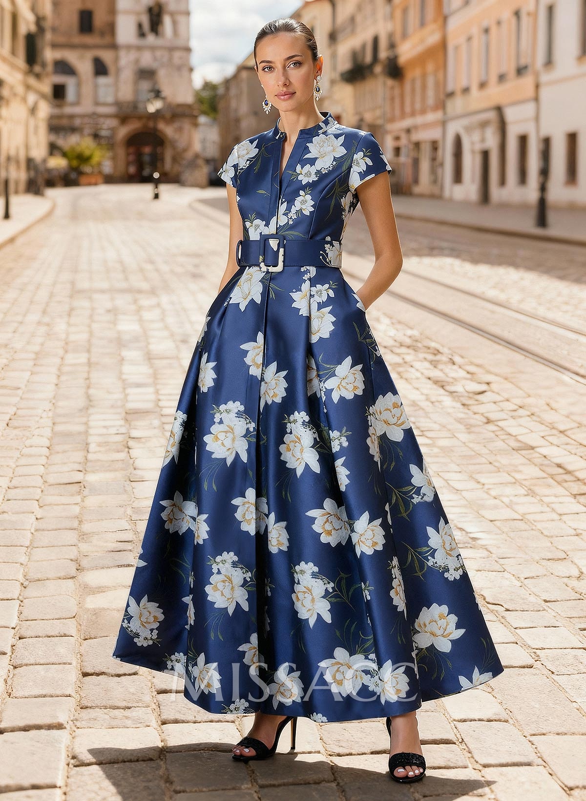 A-Line V-Neck Short Sleeves Ankle-Length Twill Satin Evening Dresses