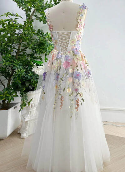 A-Line Sweetheart Sleeveless Floor-Length Evening Dresses With Appliques Lace