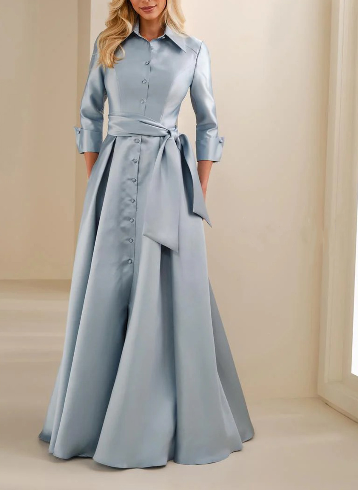 A-Line High Neck 3/4 Sleeves Floor-Length Matte Satin Evening Dresses With Sash