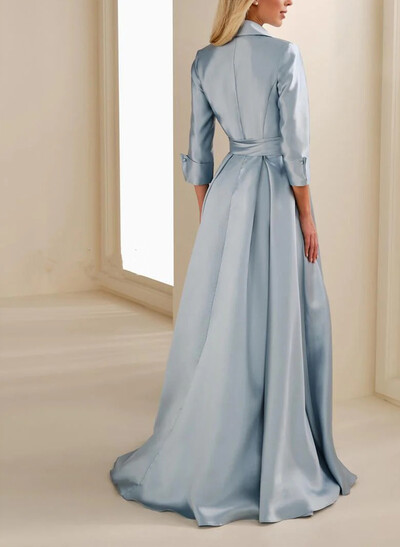 A-Line High Neck 3/4 Sleeves Floor-Length Matte Satin Evening Dresses With Sash