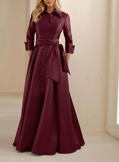 A-Line High Neck 3/4 Sleeves Floor-Length Matte Satin Evening Dresses With Sash
