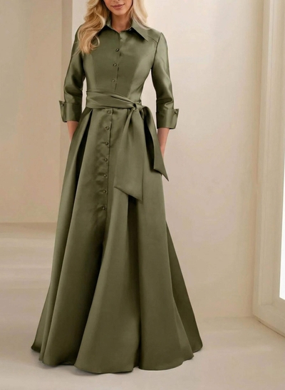 A-Line High Neck 3/4 Sleeves Floor-Length Matte Satin Evening Dresses With Sash