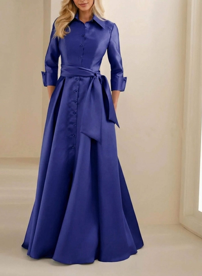 A-Line High Neck 3/4 Sleeves Floor-Length Matte Satin Evening Dresses With Sash